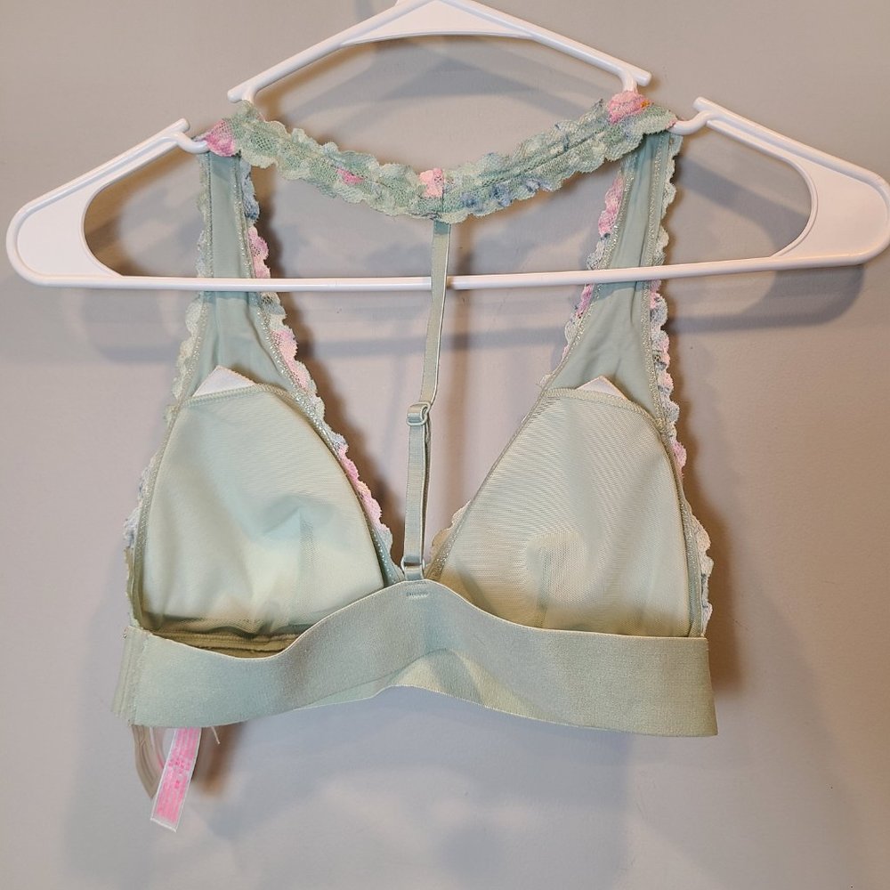 PINK Victorias Secret Bra Bralette Extra Small Green Lace Floral Pink Flowers - Picture 3 of 7